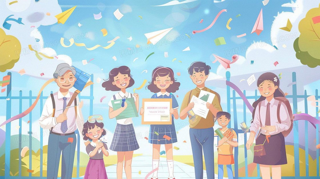 校门口手拿录取通知书的女孩插画