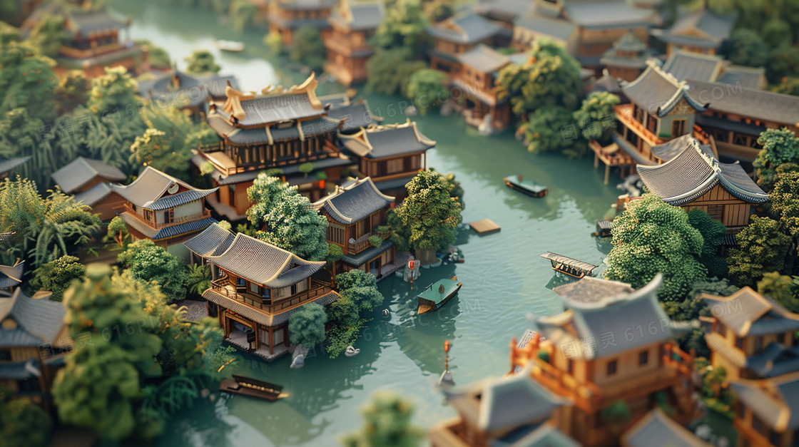 3D夏季江南水乡古建筑群插画