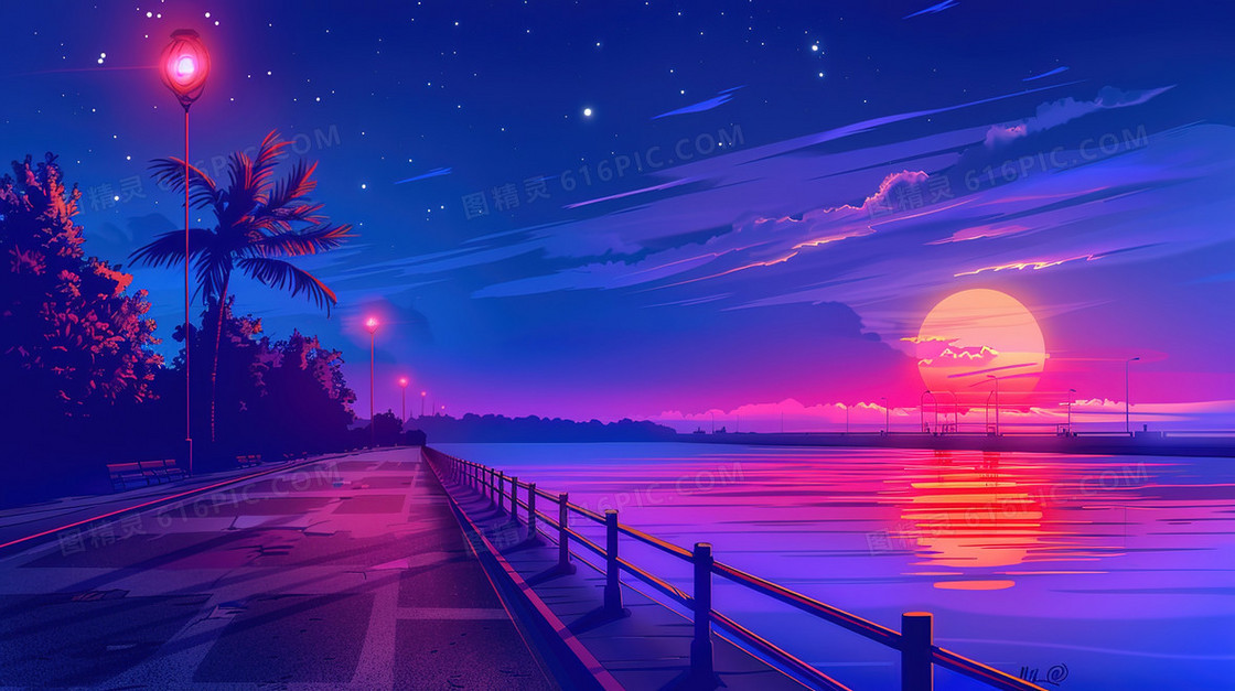 海边日落黄昏美景插画