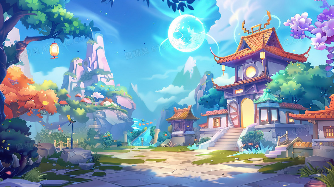 山林中的建筑游戏场景插画