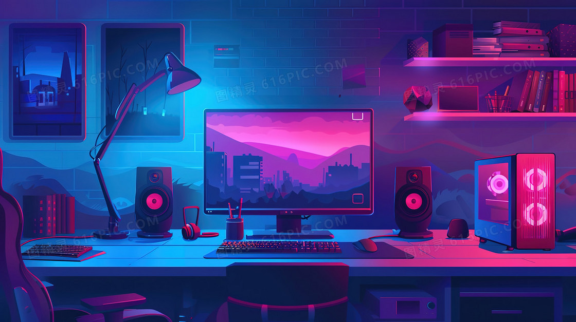 深夜室内桌面电脑插画