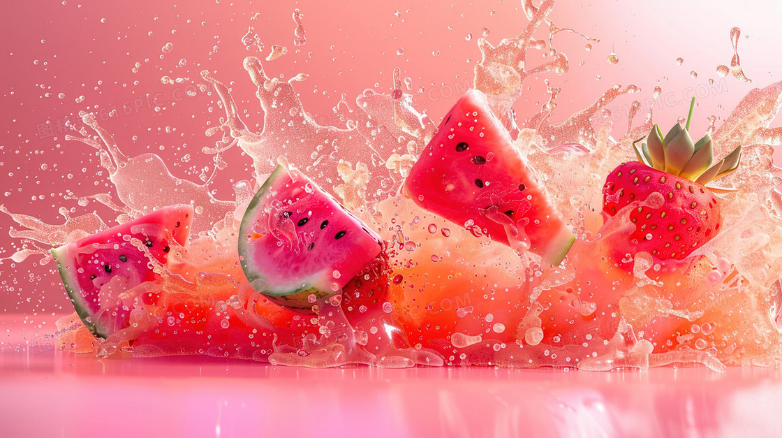 溅起果汁的西瓜和草莓插画