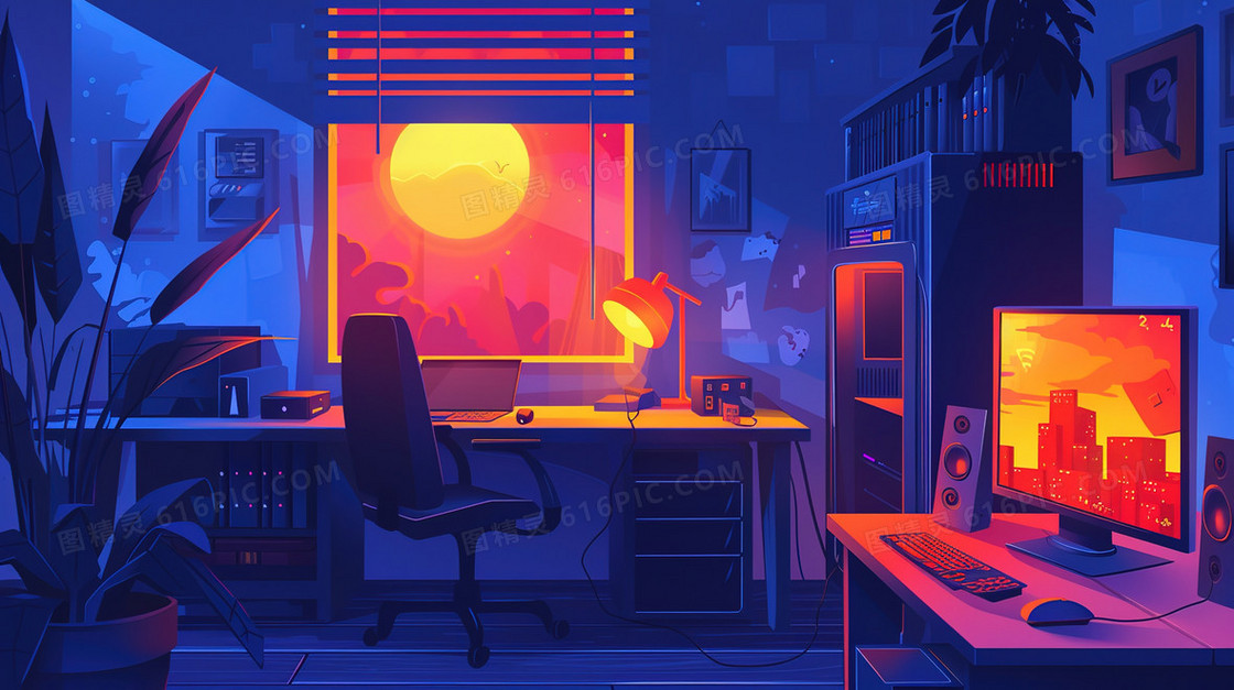 深夜室内桌面电脑插画