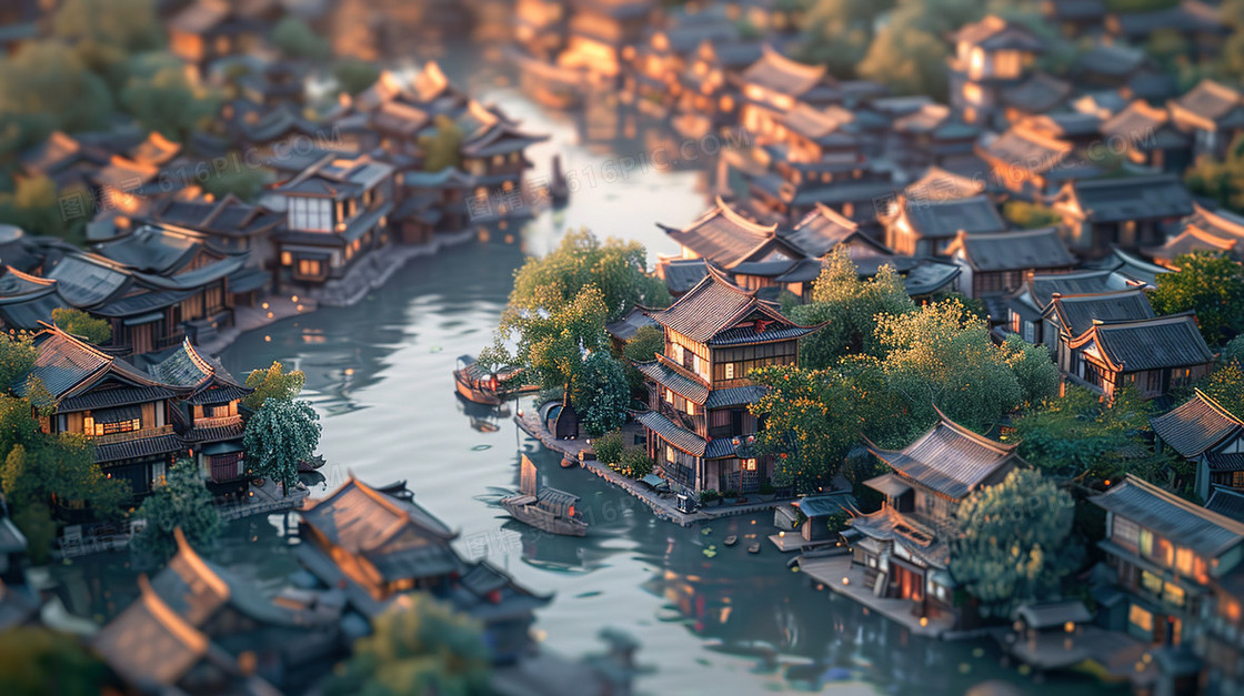 3D夏季江南水乡古建筑群插画