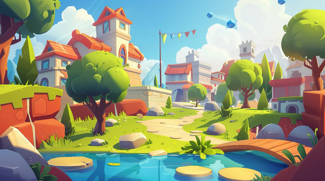 山林中的建筑游戏场景插画