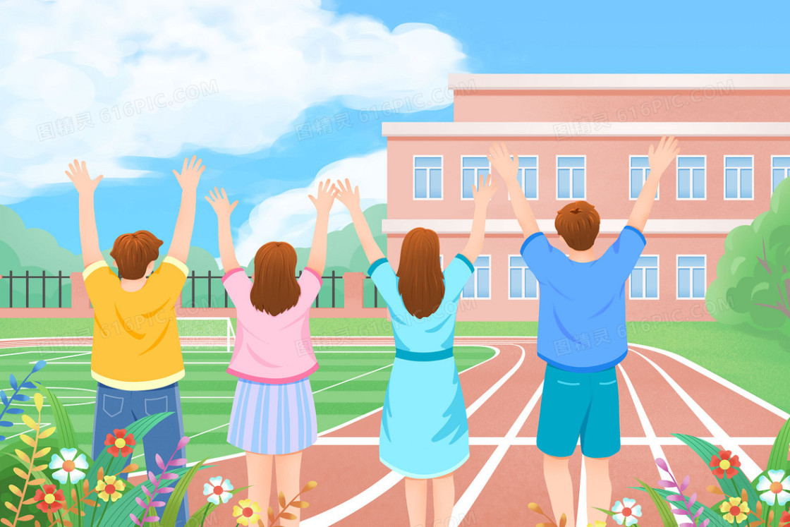 彩色手绘卡通青春学生校园背影插画