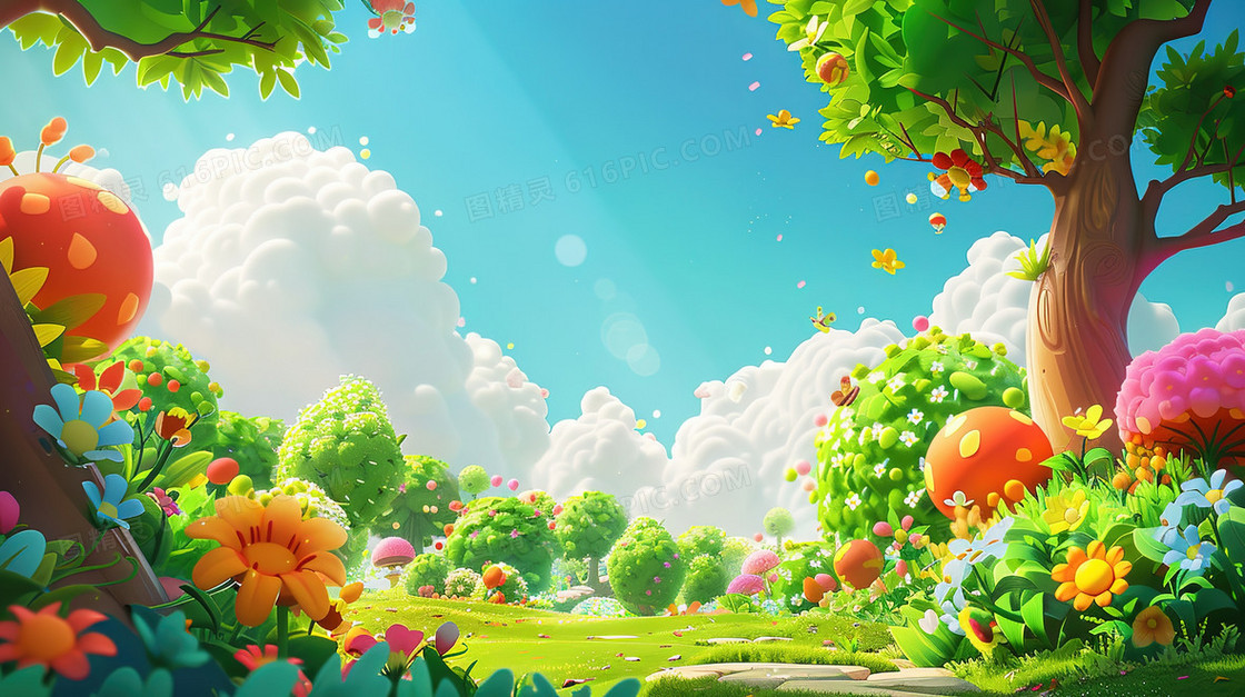 3D夏日鲜花盛开的丛林插画