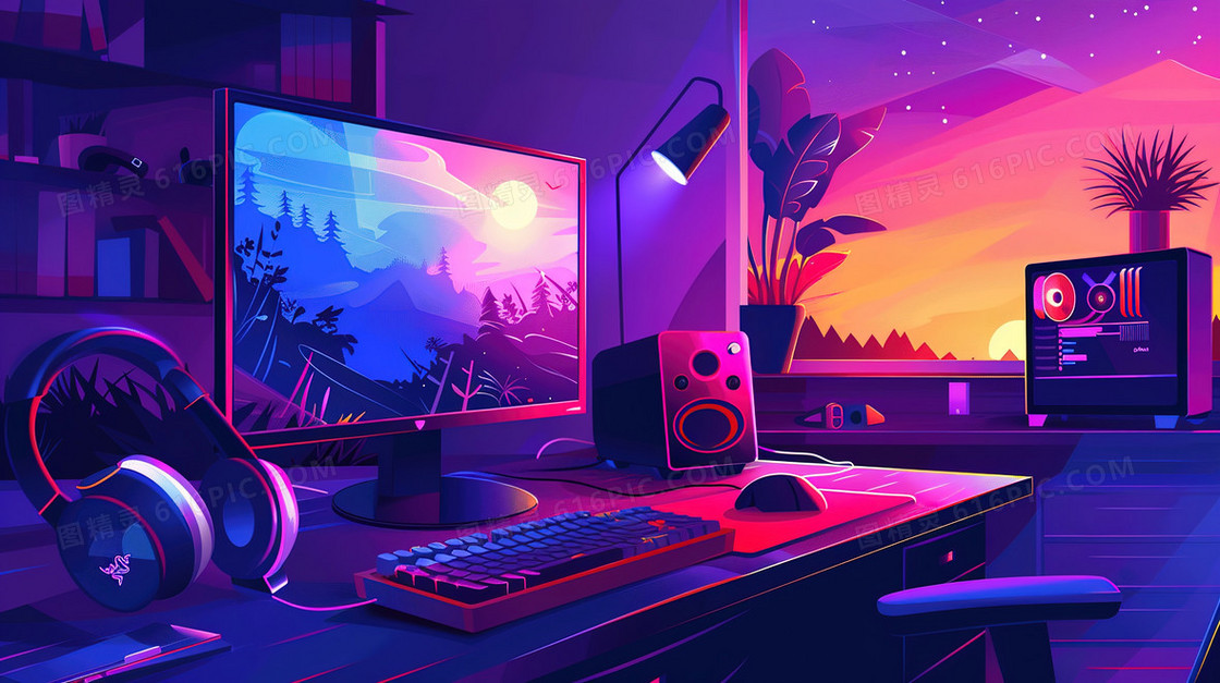 深夜室内桌面电脑插画