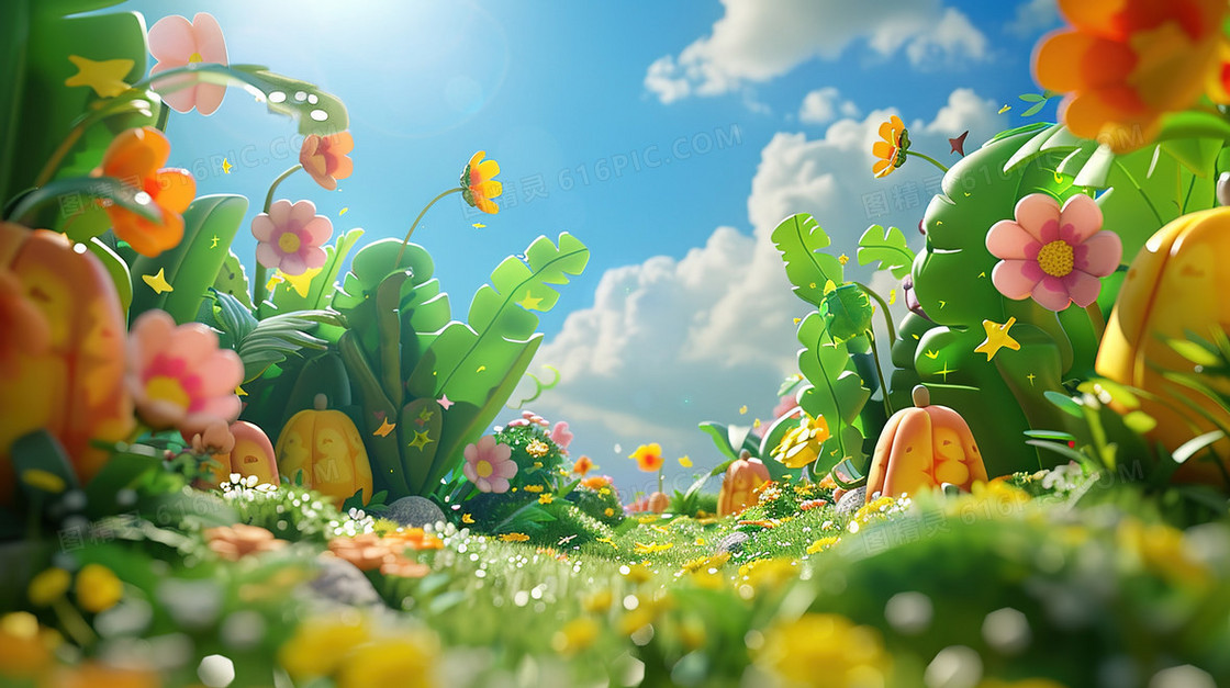3D夏日鲜花盛开的丛林插画