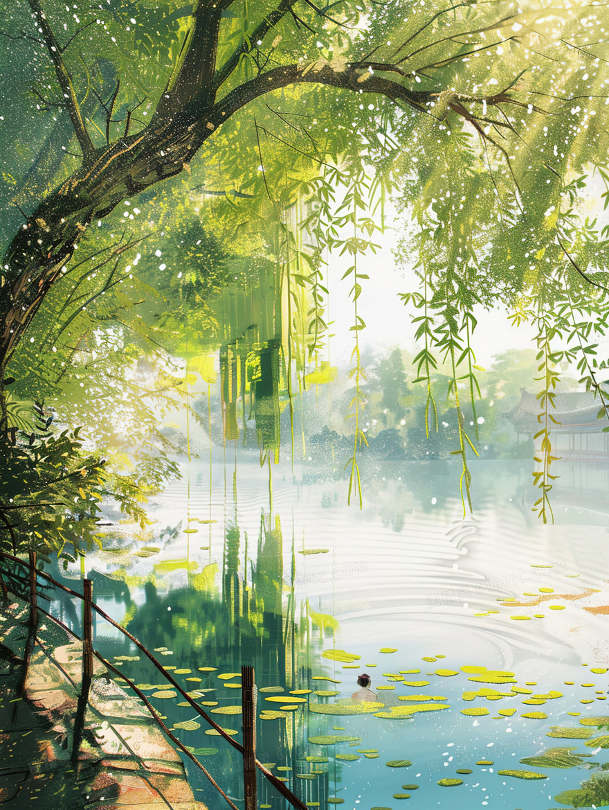 唯美夏季湖边风景插画