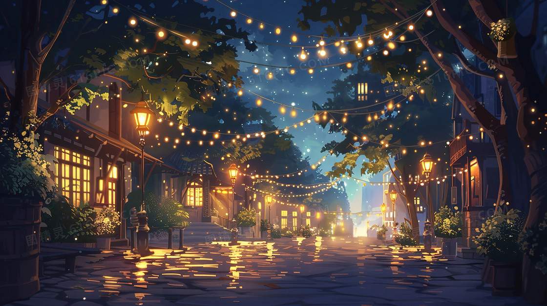 夏日灯火明亮的城镇插画