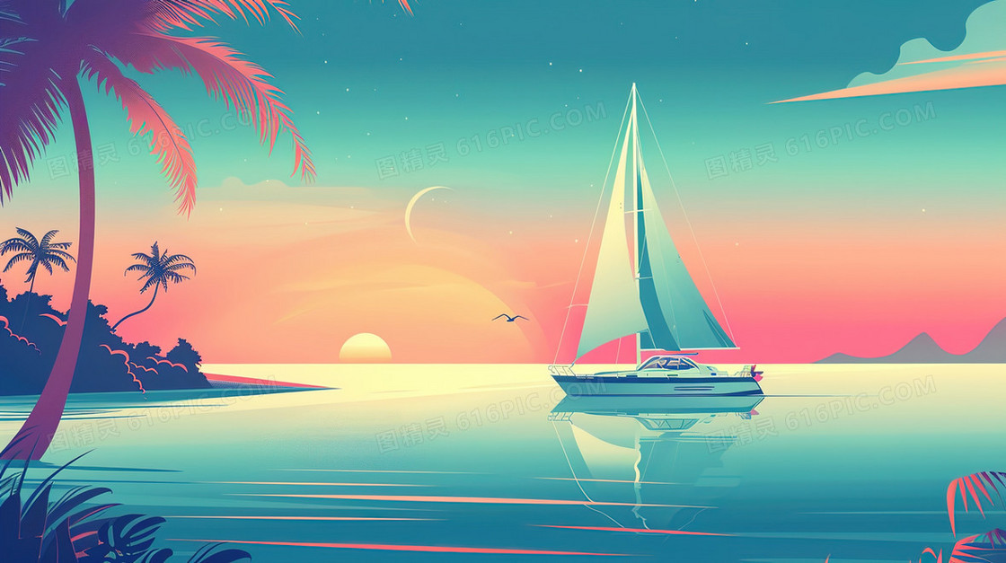 海面上的一艘白色帆船插画