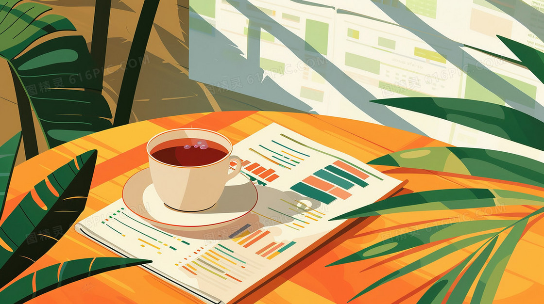 咖啡厅桌子上打开的书本和一杯咖啡插画