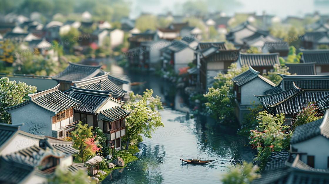 3D夏季江南水乡古建筑群插画