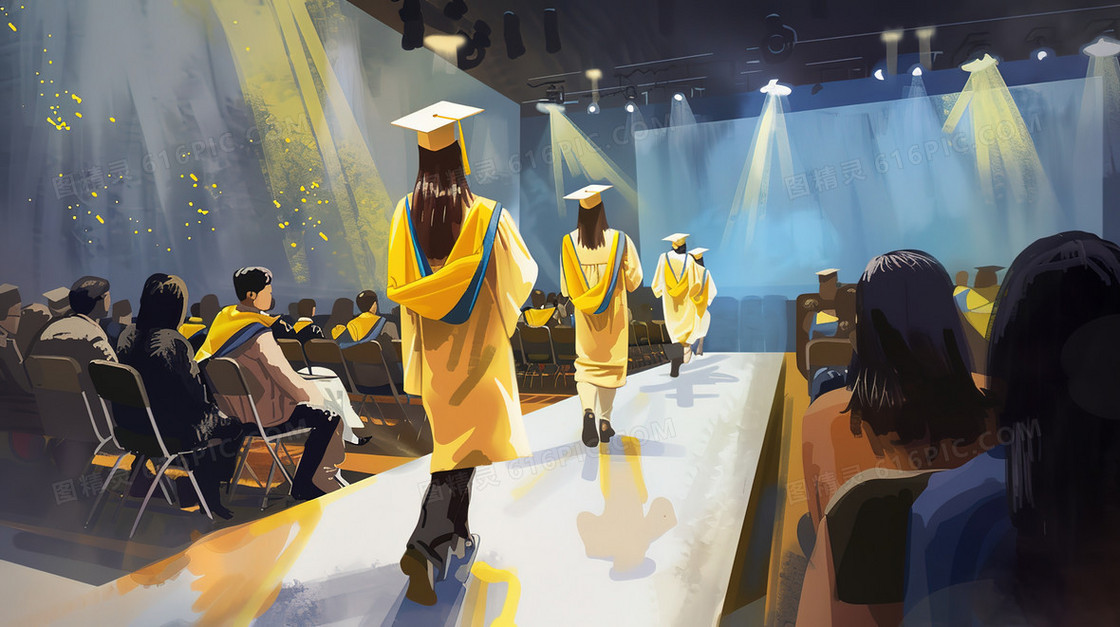 穿着学士服走向舞台的毕业生插画