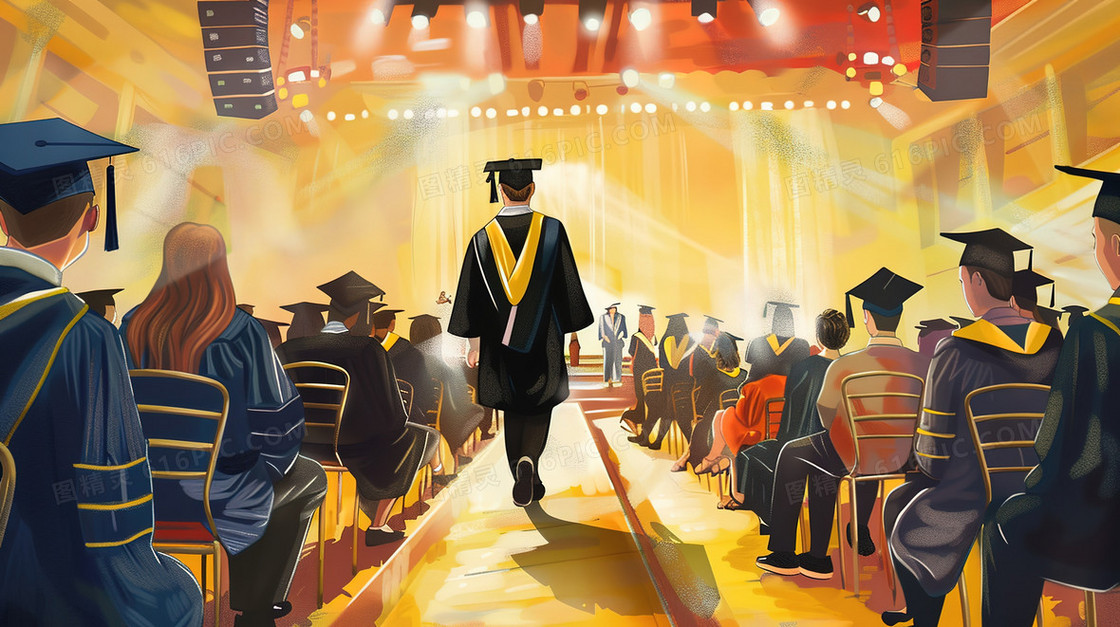 穿着学士服走向舞台的毕业生插画