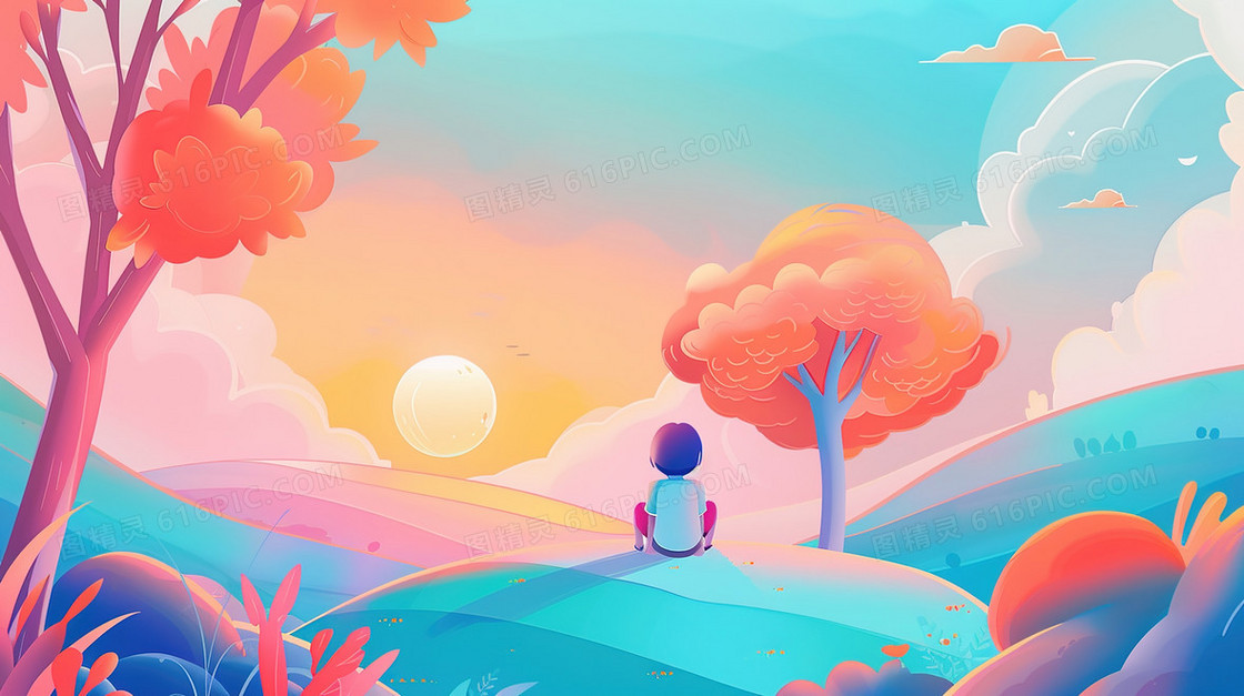 山上看日出的小男孩插画