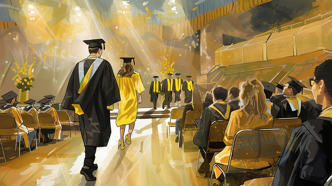 穿着学士服走向舞台的毕业生插画