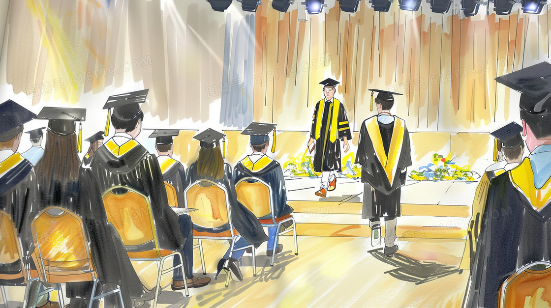 穿着学士服走向舞台的毕业生插画