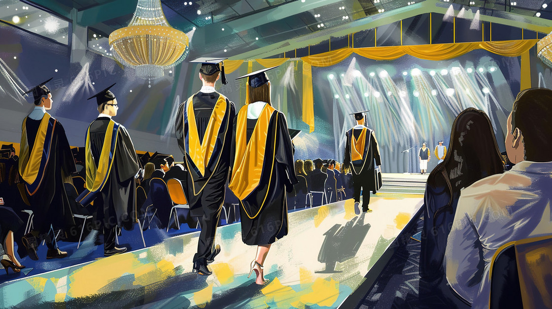 穿着学士服走向舞台的毕业生插画