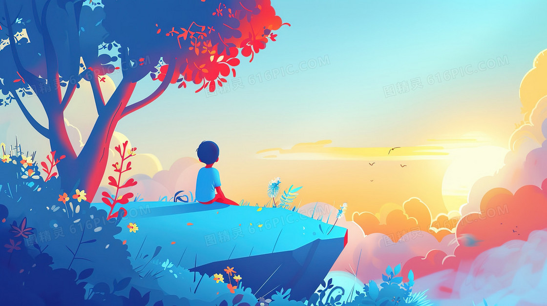 山上看日出的小男孩插画