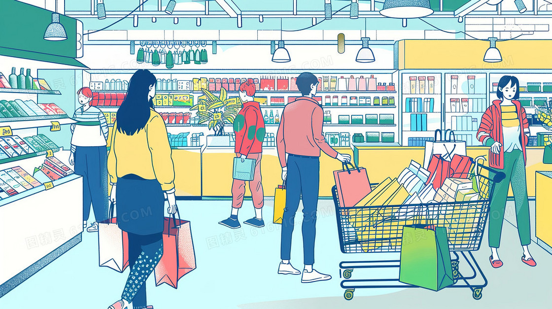 逛街购物的时尚年轻人插画