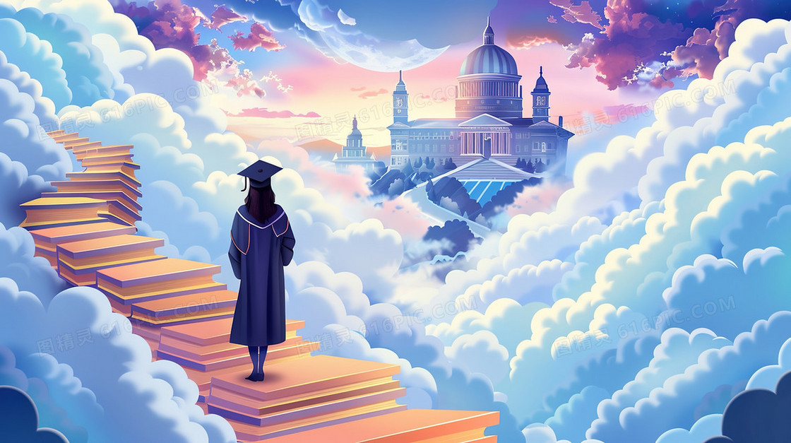 穿学士服走向理想学校的女学生插画