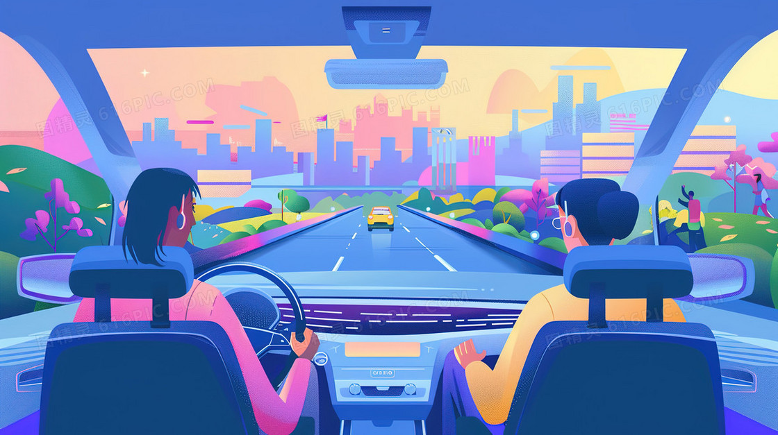 开车自驾游的年轻人插画