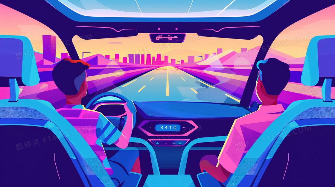 开车自驾游的年轻人插画