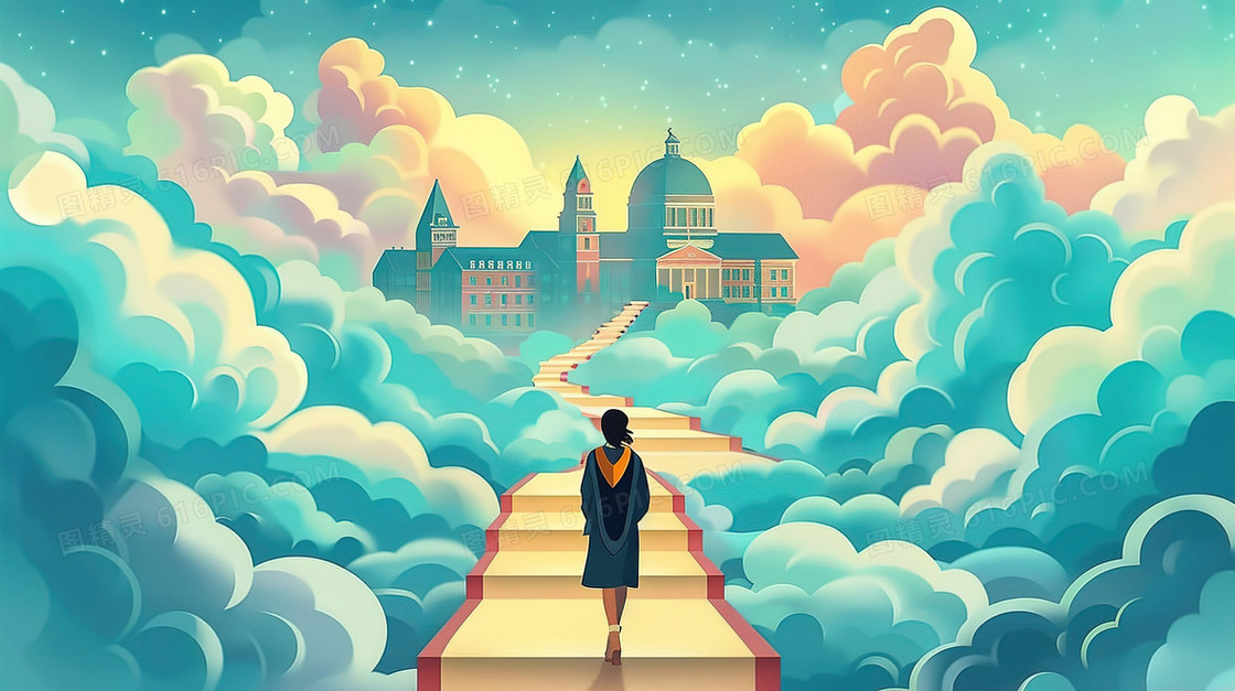 穿学士服走向理想学校的女学生插画