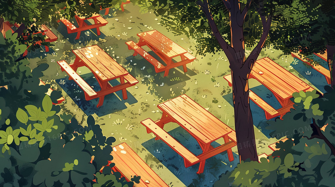 公园乘凉大树下的桌椅插画