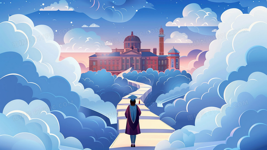 穿学士服走向理想学校的女学生插画