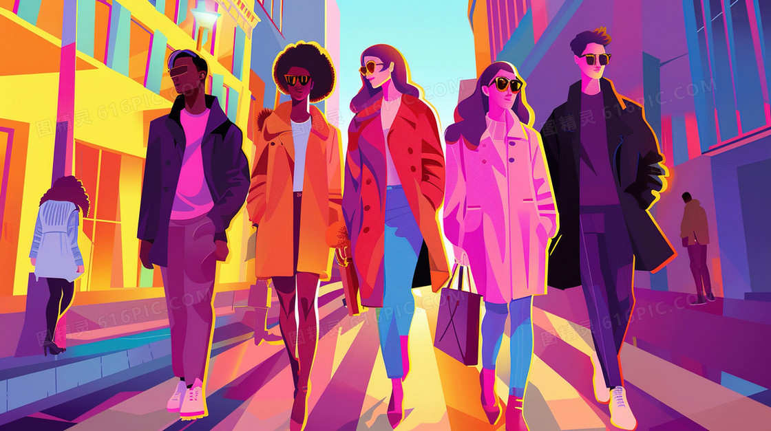 逛街购物的时尚年轻人插画