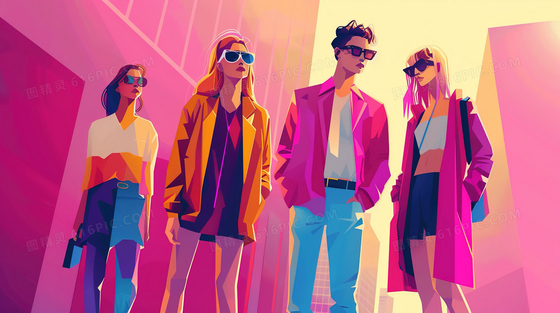 逛街购物的时尚年轻人插画