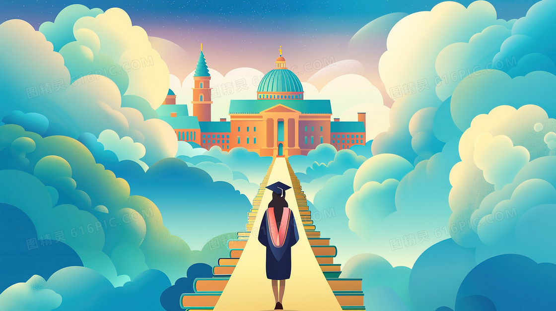 穿学士服走向理想学校的女学生插画