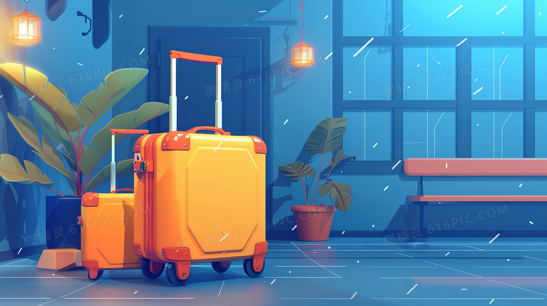 停放路边的旅行行李箱插画