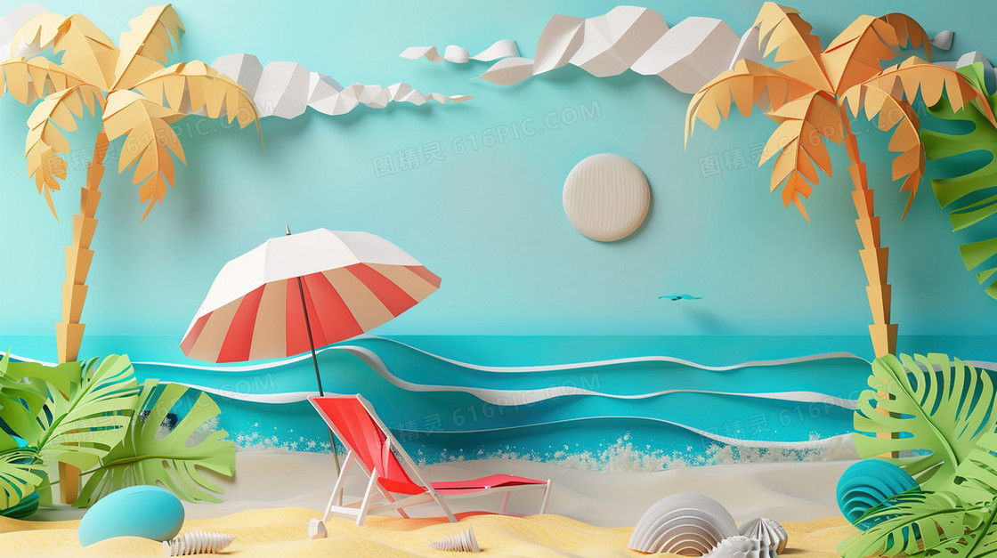 剪纸风海边度假旅游插画
