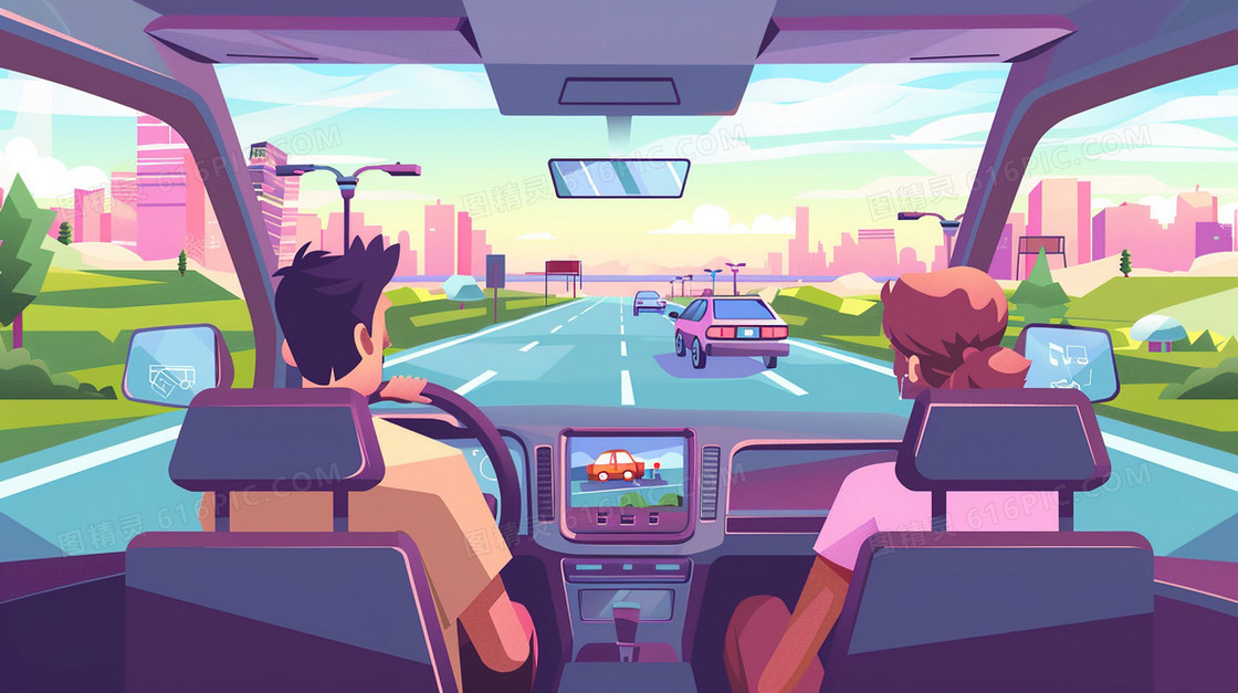 开车自驾游的年轻人插画