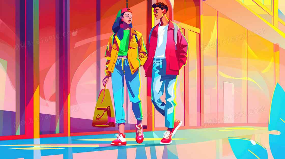 逛街购物的时尚年轻人插画