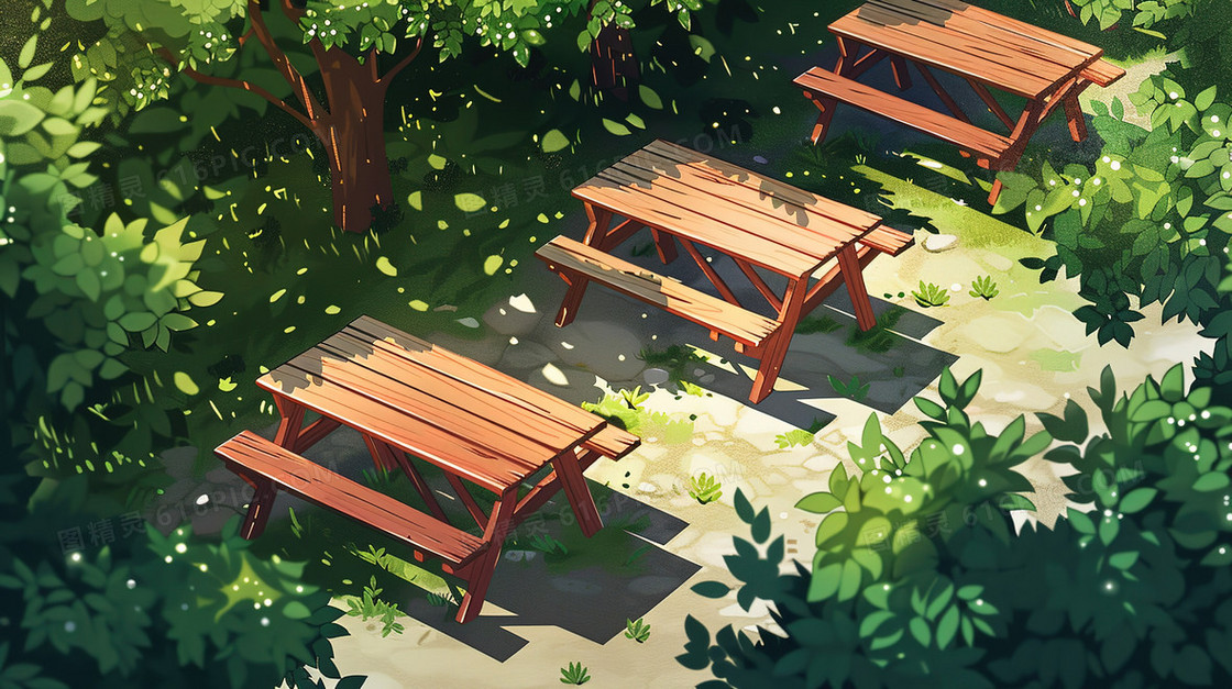 公园乘凉大树下的桌椅插画