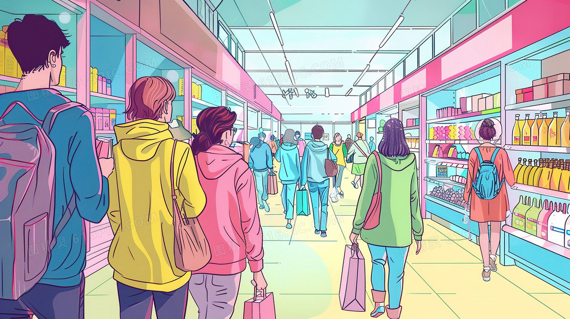 逛街购物的时尚年轻人插画