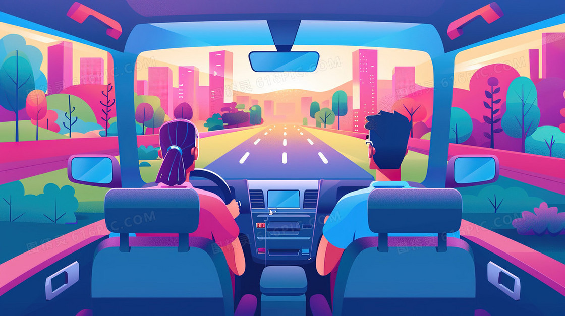 开车自驾游的年轻人插画