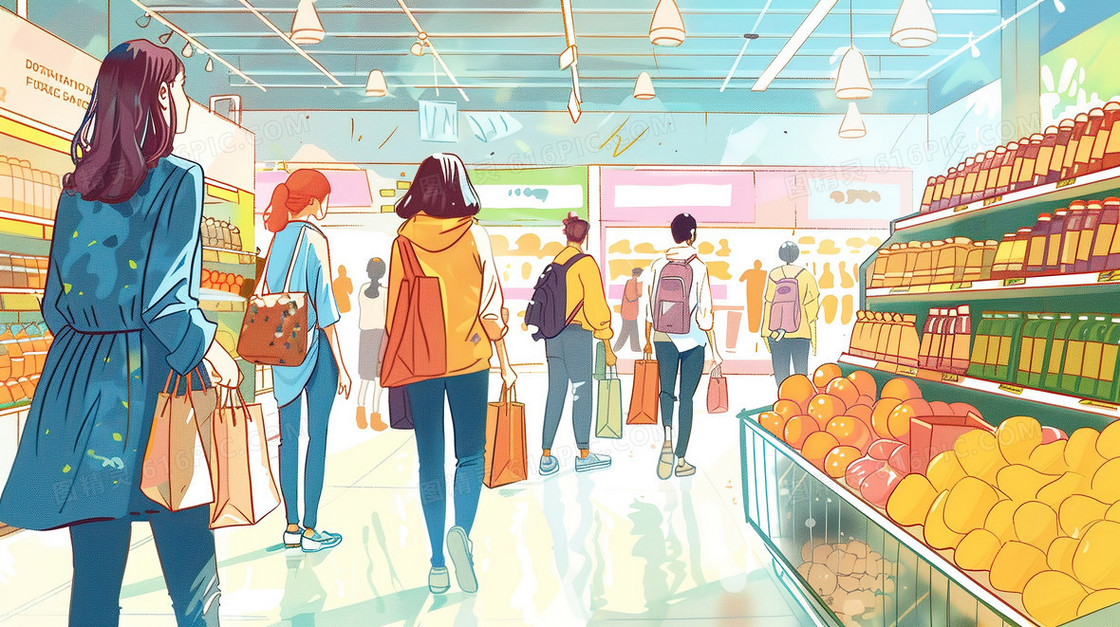 逛街购物的时尚年轻人插画