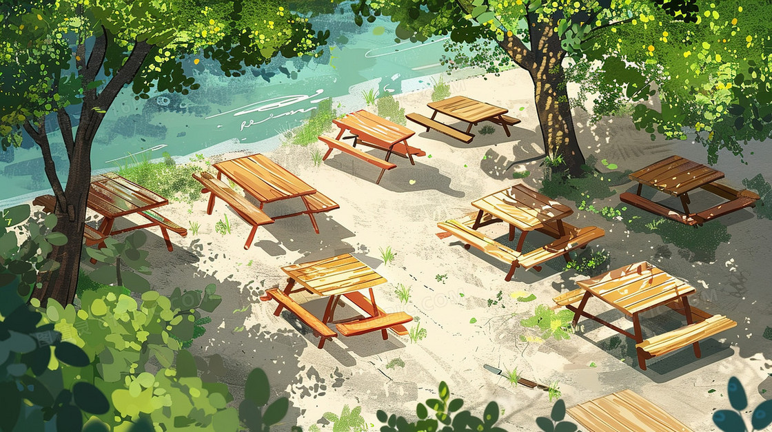 公园乘凉大树下的桌椅插画