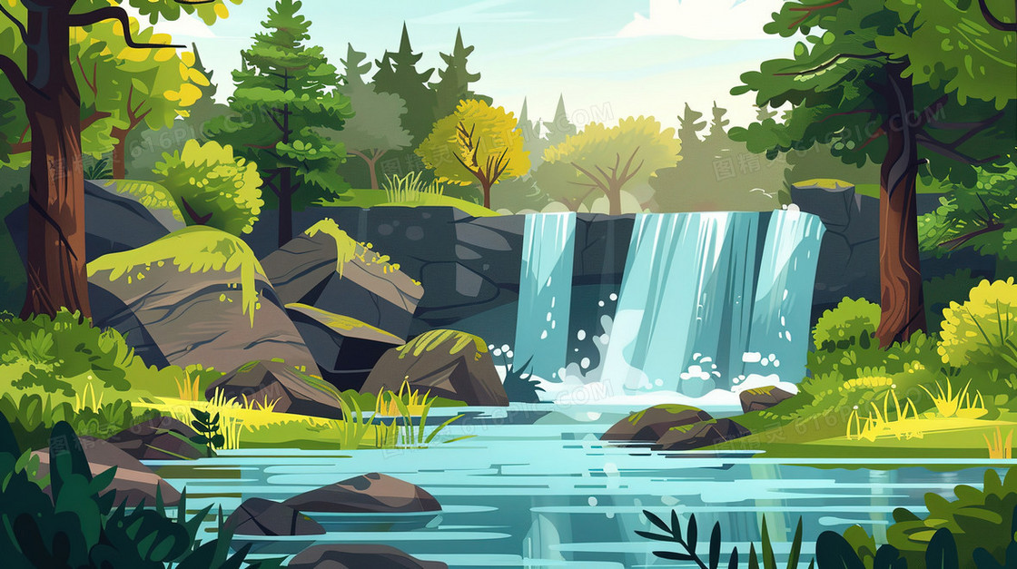 唯美绿色夏季森林瀑布风景插画