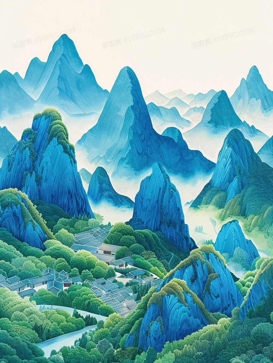 唯美青绿山水风景插画