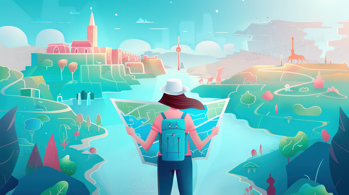 拿着旅游攻略旅游的女孩插画