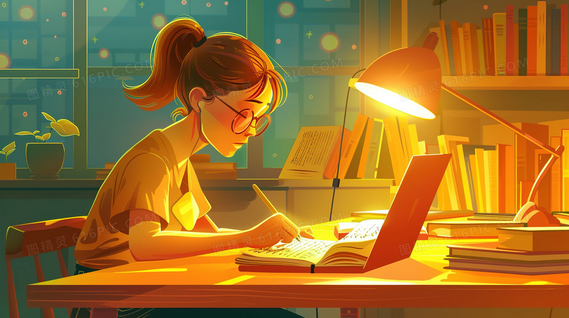 认真学习备考的女大学生插画