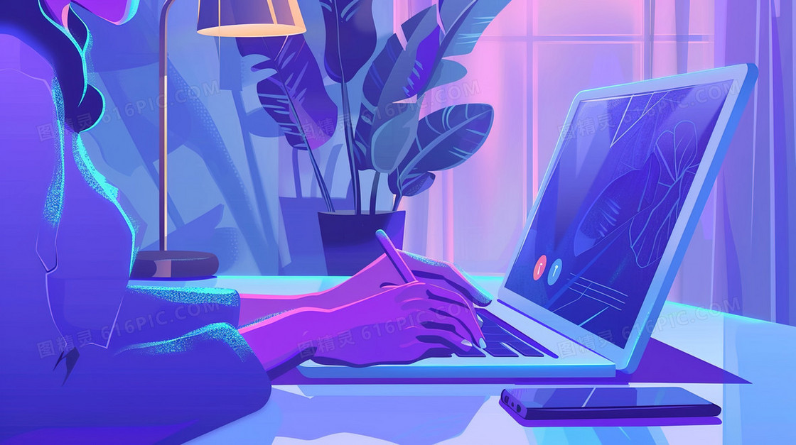 商务学习电脑办公桌插画