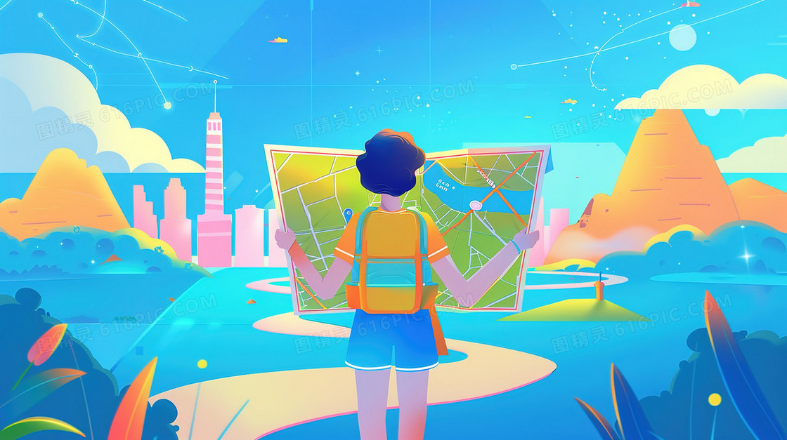 拿着旅游攻略旅游的女孩插画